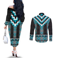 Turquoise Taniko Pattern Aotearoa Couples Matching Off The Shoulder Long Sleeve Dress and Long Sleeve Button Shirt Niho Taniwha Mix Poutama LT14 - Polynesian Pride
