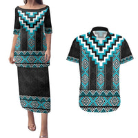 Turquoise Taniko Pattern Aotearoa Couples Matching Puletasi and Hawaiian Shirt Niho Taniwha Mix Poutama LT14 Turquoise - Polynesian Pride