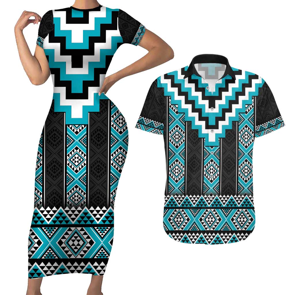 Turquoise Taniko Pattern Aotearoa Couples Matching Short Sleeve Bodycon Dress and Hawaiian Shirt Niho Taniwha Mix Poutama LT14 Turquoise - Polynesian Pride