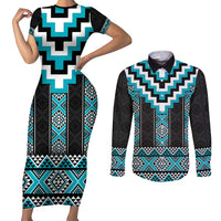 Turquoise Taniko Pattern Aotearoa Couples Matching Short Sleeve Bodycon Dress and Long Sleeve Button Shirt Niho Taniwha Mix Poutama LT14 Turquoise - Polynesian Pride