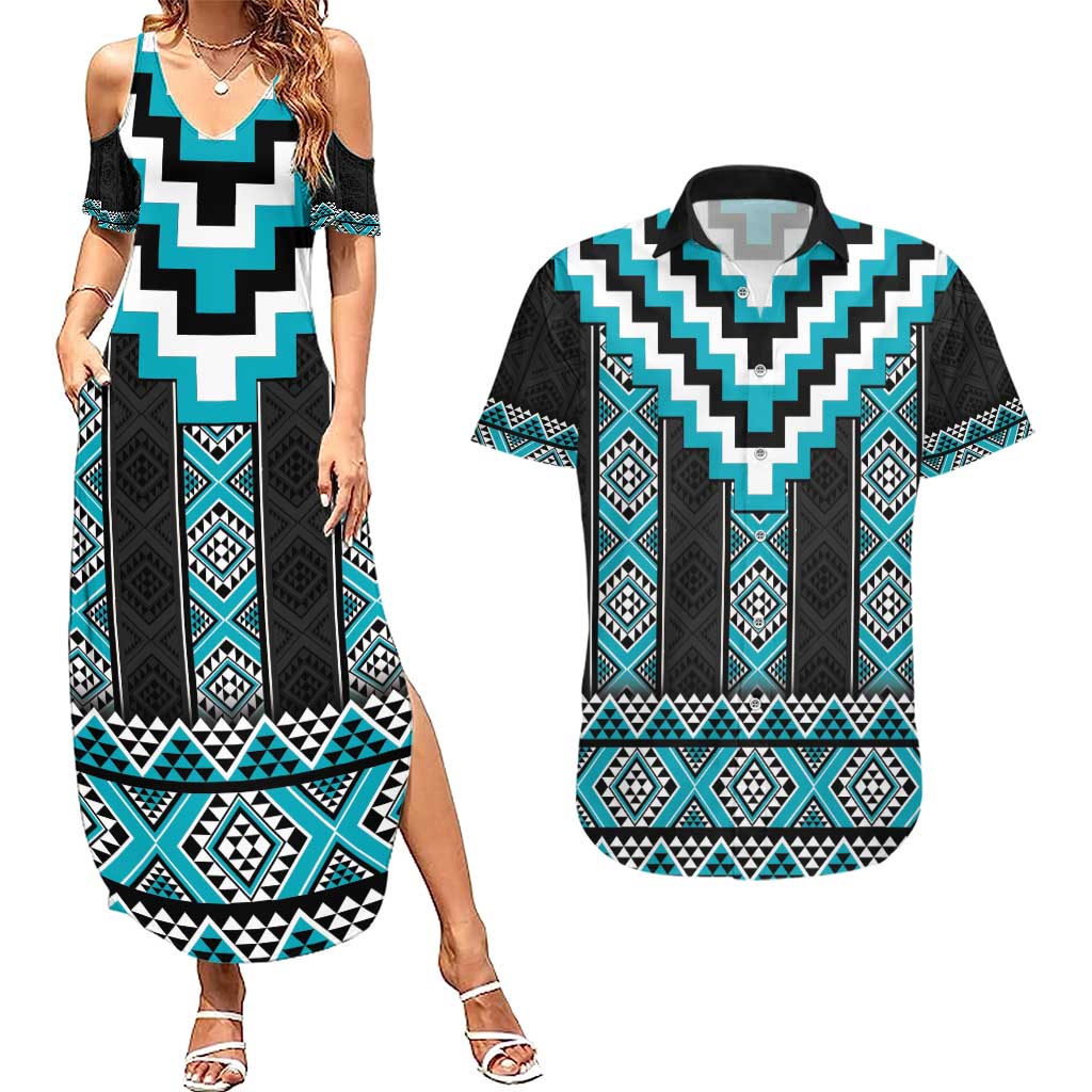 Turquoise Taniko Pattern Aotearoa Couples Matching Summer Maxi Dress and Hawaiian Shirt Niho Taniwha Mix Poutama LT14 Turquoise - Polynesian Pride