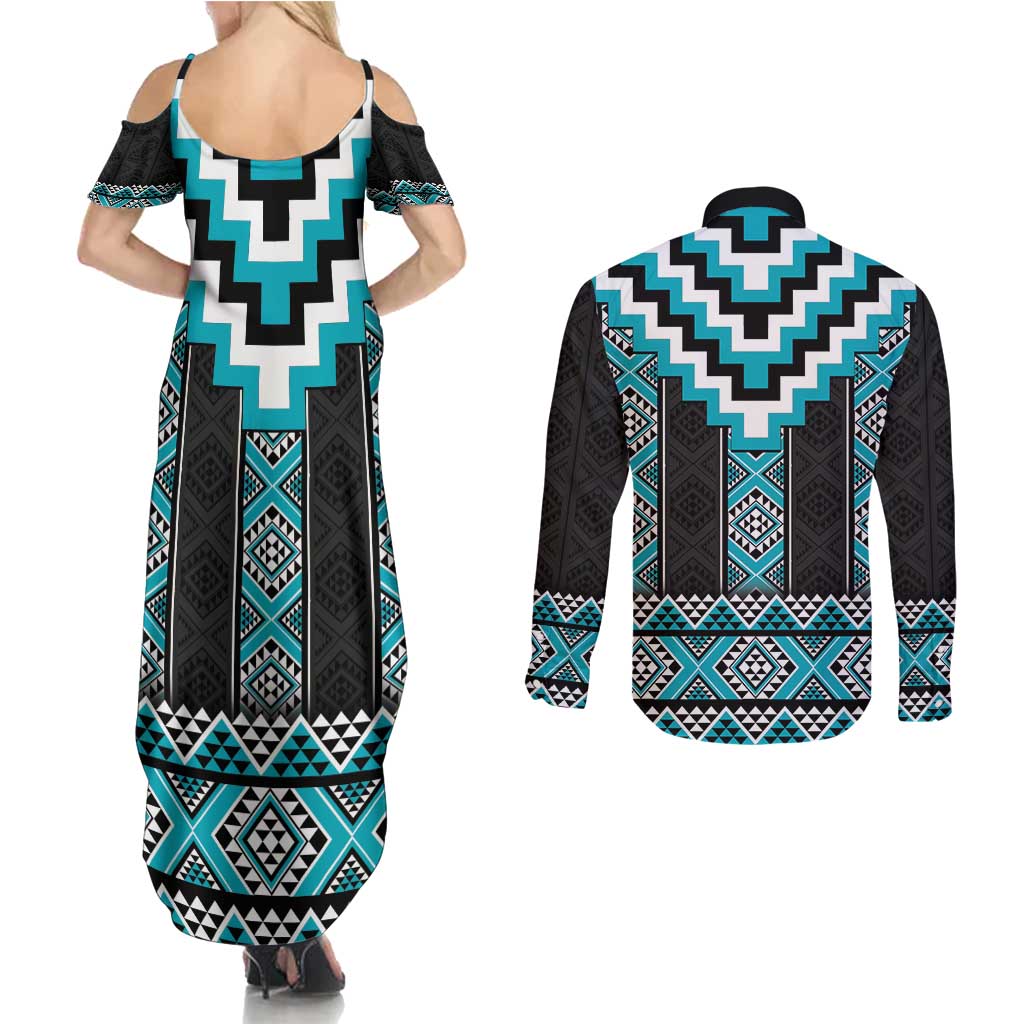 Turquoise Taniko Pattern Aotearoa Couples Matching Summer Maxi Dress and Long Sleeve Button Shirt Niho Taniwha Mix Poutama LT14 - Polynesian Pride