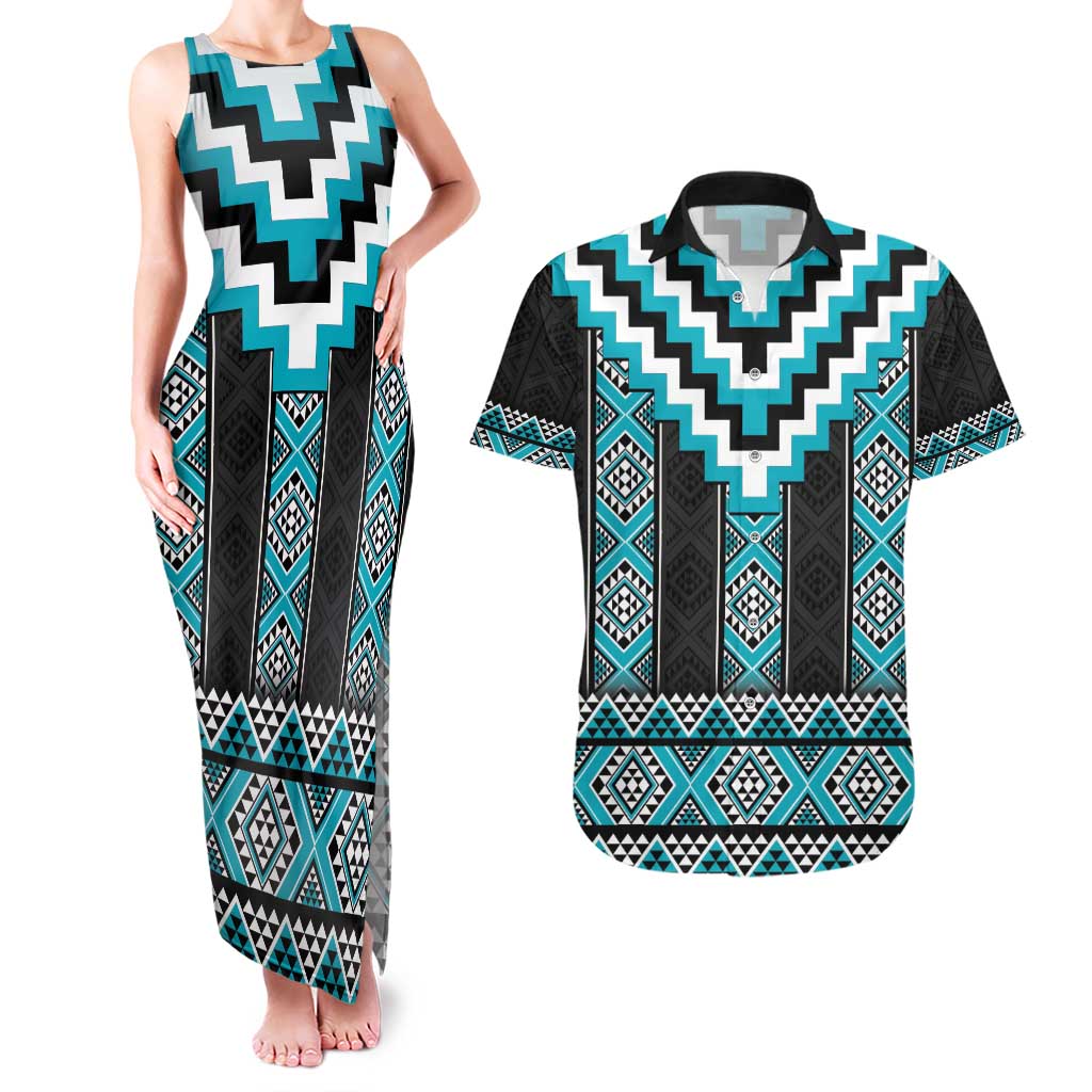 Turquoise Taniko Pattern Aotearoa Couples Matching Tank Maxi Dress and Hawaiian Shirt Niho Taniwha Mix Poutama LT14 Turquoise - Polynesian Pride