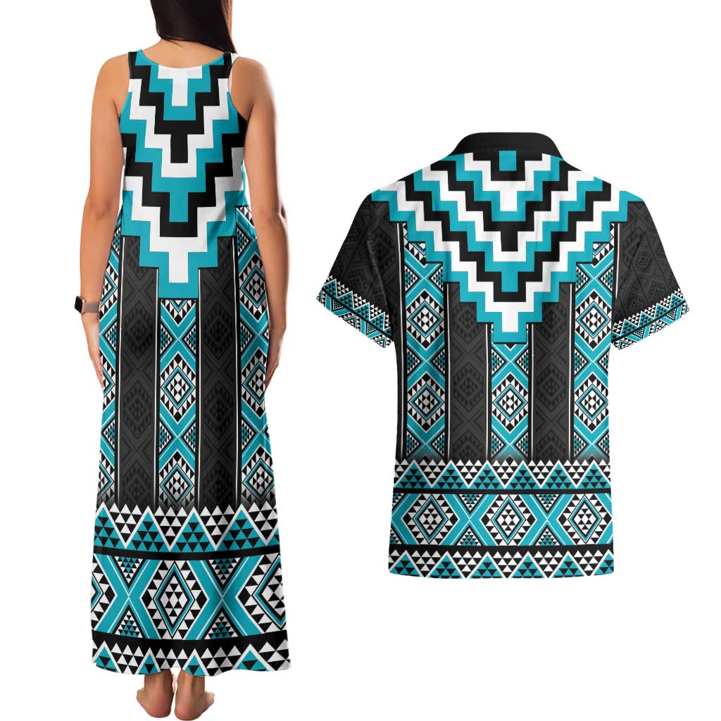 Turquoise Taniko Pattern Aotearoa Couples Matching Tank Maxi Dress and Hawaiian Shirt Niho Taniwha Mix Poutama LT14 - Polynesian Pride