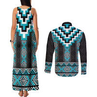 Turquoise Taniko Pattern Aotearoa Couples Matching Tank Maxi Dress and Long Sleeve Button Shirt Niho Taniwha Mix Poutama LT14 - Polynesian Pride