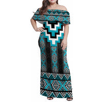 Turquoise Taniko Pattern Aotearoa Family Matching Off Shoulder Maxi Dress and Hawaiian Shirt Niho Taniwha Mix Poutama LT14