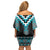 Turquoise Taniko Pattern Aotearoa Family Matching Off Shoulder Short Dress and Hawaiian Shirt Niho Taniwha Mix Poutama LT14