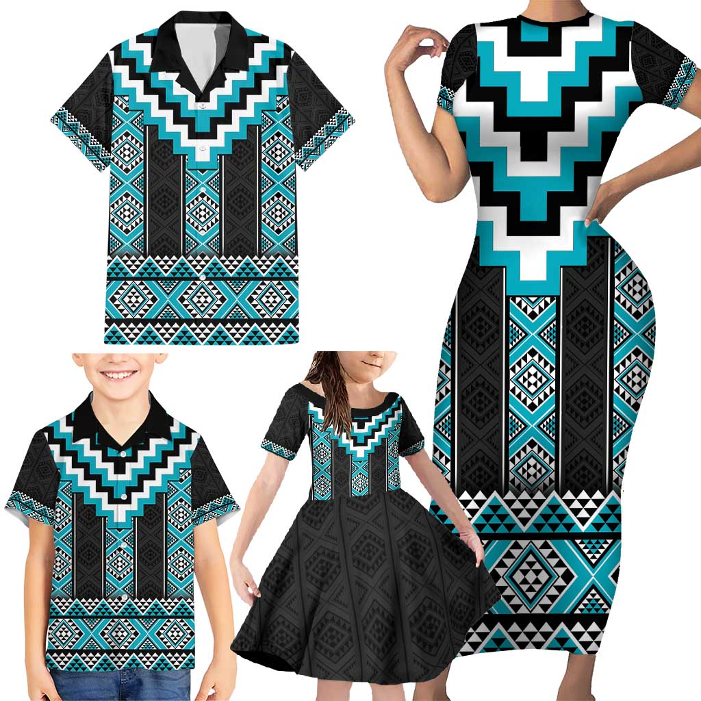 Turquoise Taniko Pattern Aotearoa Family Matching Short Sleeve Bodycon Dress and Hawaiian Shirt Niho Taniwha Mix Poutama LT14