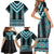 Turquoise Taniko Pattern Aotearoa Family Matching Short Sleeve Bodycon Dress and Hawaiian Shirt Niho Taniwha Mix Poutama LT14