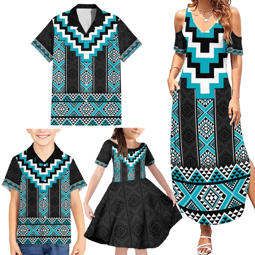 Turquoise Taniko Pattern Aotearoa Family Matching Summer Maxi Dress and Hawaiian Shirt Niho Taniwha Mix Poutama LT14