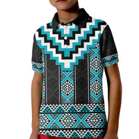 Turquoise Taniko Pattern Aotearoa Kid Polo Shirt Niho Taniwha Mix Poutama LT14