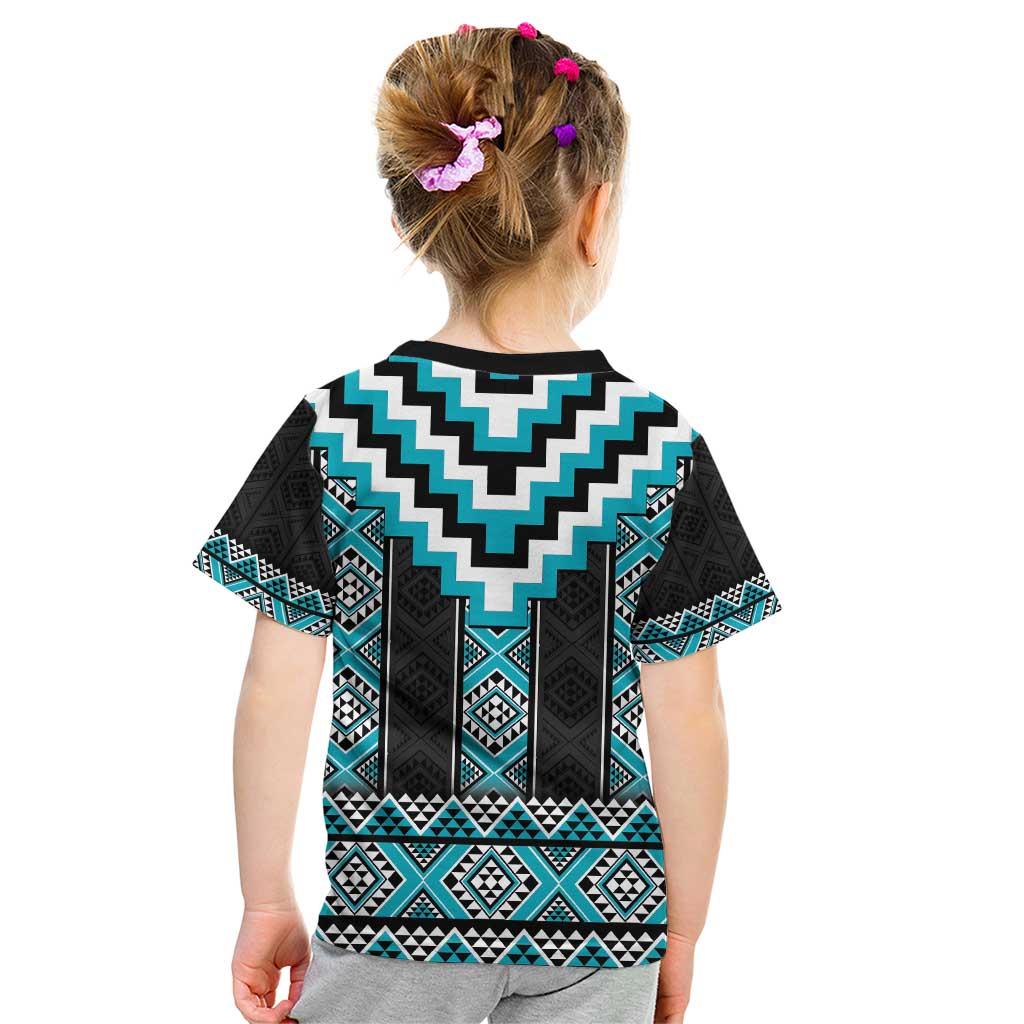 Turquoise Taniko Pattern Aotearoa Kid T Shirt Niho Taniwha Mix Poutama LT14