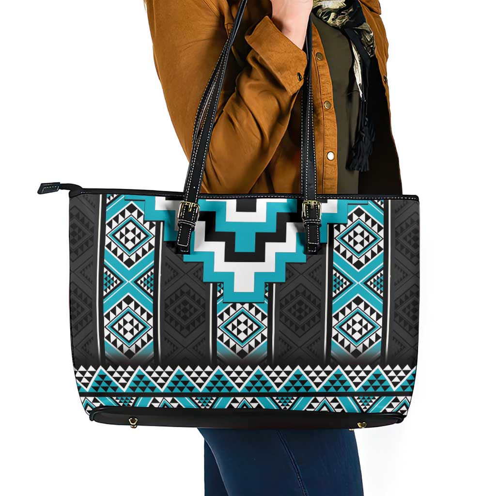 Turquoise Taniko Pattern Aotearoa Leather Tote Bag Niho Taniwha Mix Poutama LT14 - Polynesian Pride
