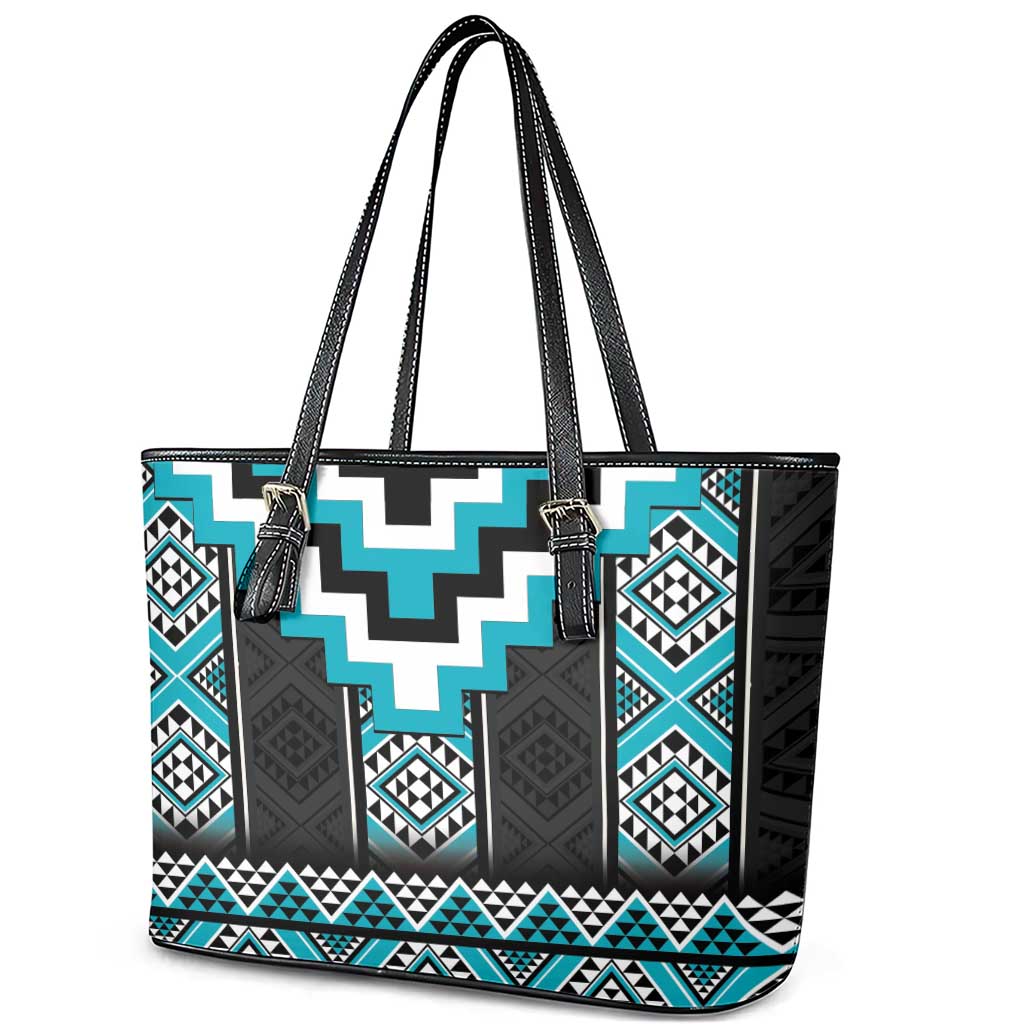 Turquoise Taniko Pattern Aotearoa Leather Tote Bag Niho Taniwha Mix Poutama LT14 - Polynesian Pride