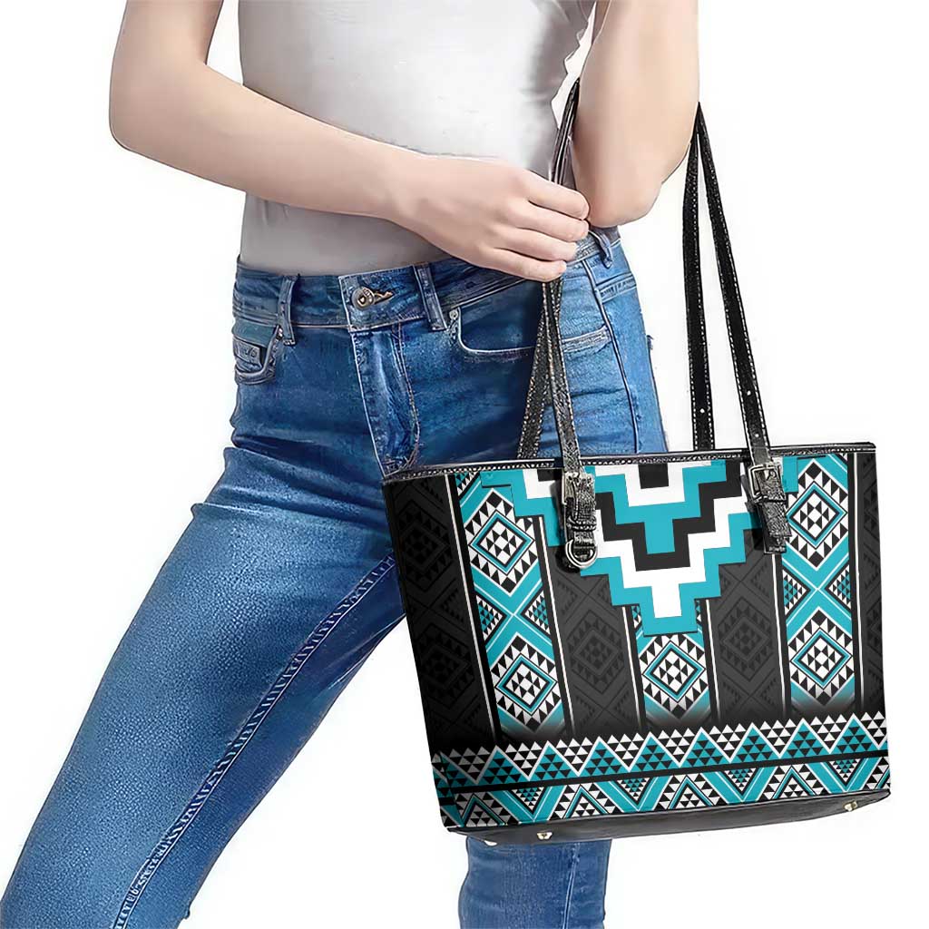 Turquoise Taniko Pattern Aotearoa Leather Tote Bag Niho Taniwha Mix Poutama LT14 - Polynesian Pride