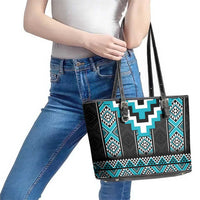 Turquoise Taniko Pattern Aotearoa Leather Tote Bag Niho Taniwha Mix Poutama LT14 - Polynesian Pride