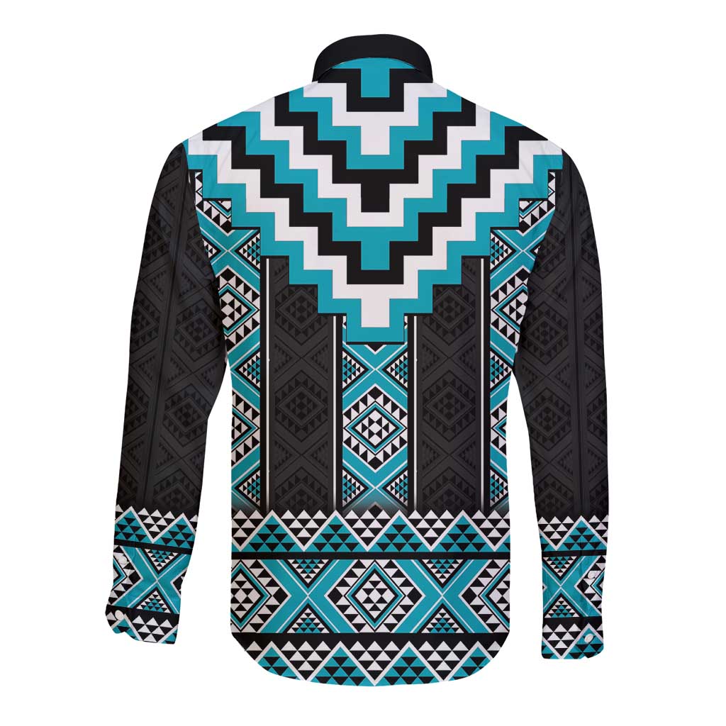 Turquoise Taniko Pattern Aotearoa Long Sleeve Button Shirt Niho Taniwha Mix Poutama LT14