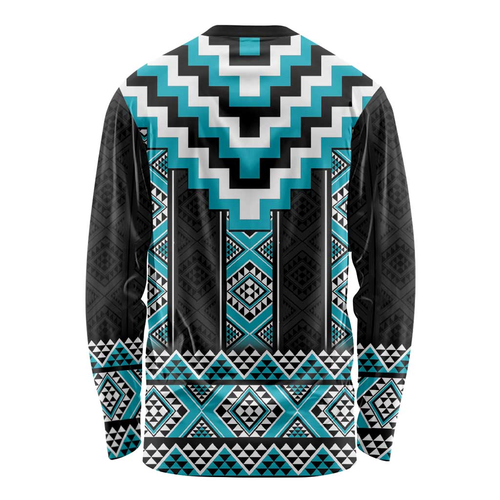 Turquoise Taniko Pattern Aotearoa Long Sleeve Shirt Niho Taniwha Mix Poutama LT14