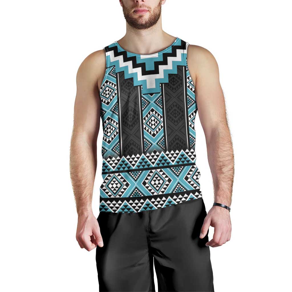 Turquoise Taniko Pattern Aotearoa Men Tank Top Niho Taniwha Mix Poutama LT14 - Polynesian Pride