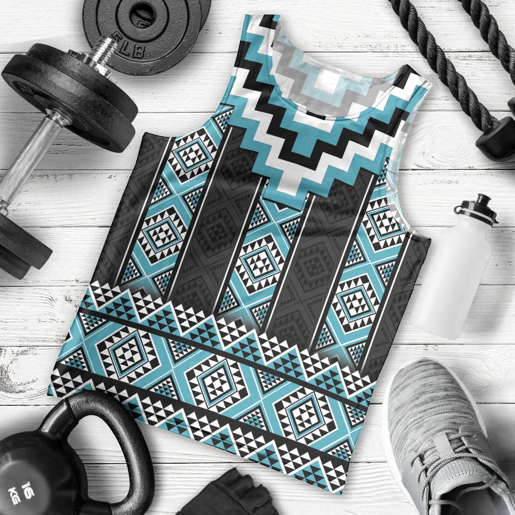 Turquoise Taniko Pattern Aotearoa Men Tank Top Niho Taniwha Mix Poutama LT14 - Polynesian Pride