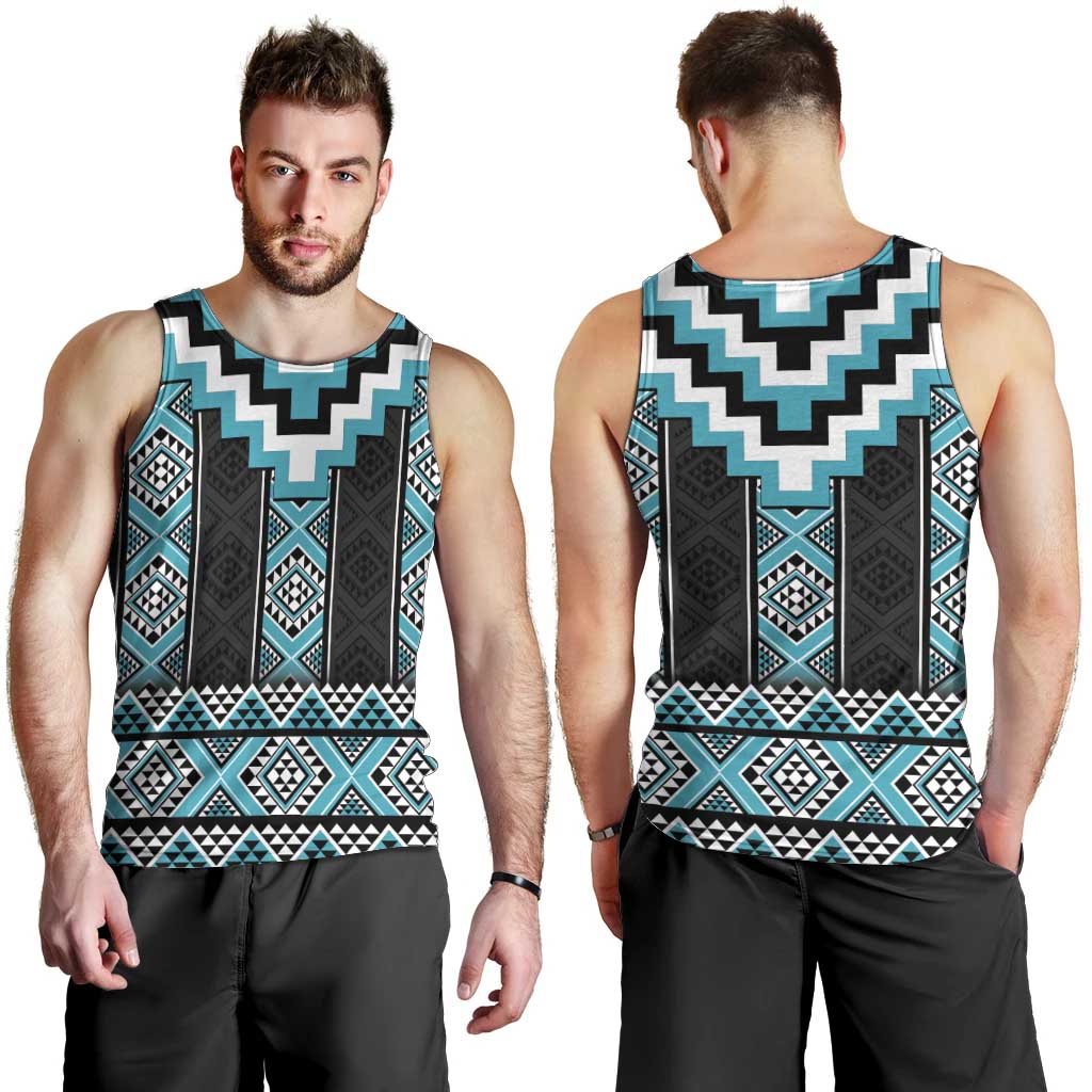 Turquoise Taniko Pattern Aotearoa Men Tank Top Niho Taniwha Mix Poutama LT14 - Polynesian Pride