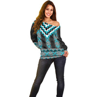 Turquoise Taniko Pattern Aotearoa Off Shoulder Sweater Niho Taniwha Mix Poutama LT14