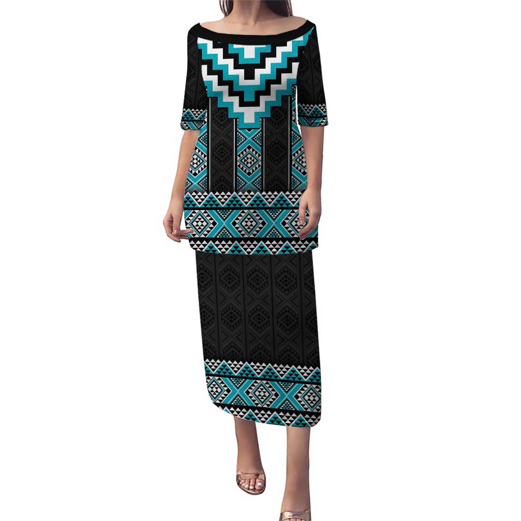 Turquoise Taniko Pattern Aotearoa Puletasi Niho Taniwha Mix Poutama LT14 Long Dress Turquoise - Polynesian Pride