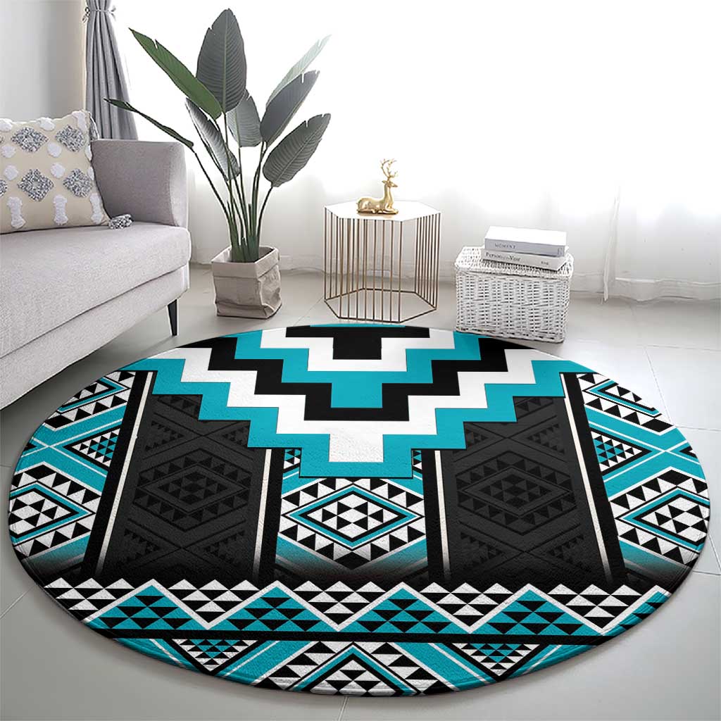 Turquoise Taniko Pattern Aotearoa Round Carpet Niho Taniwha Mix Poutama