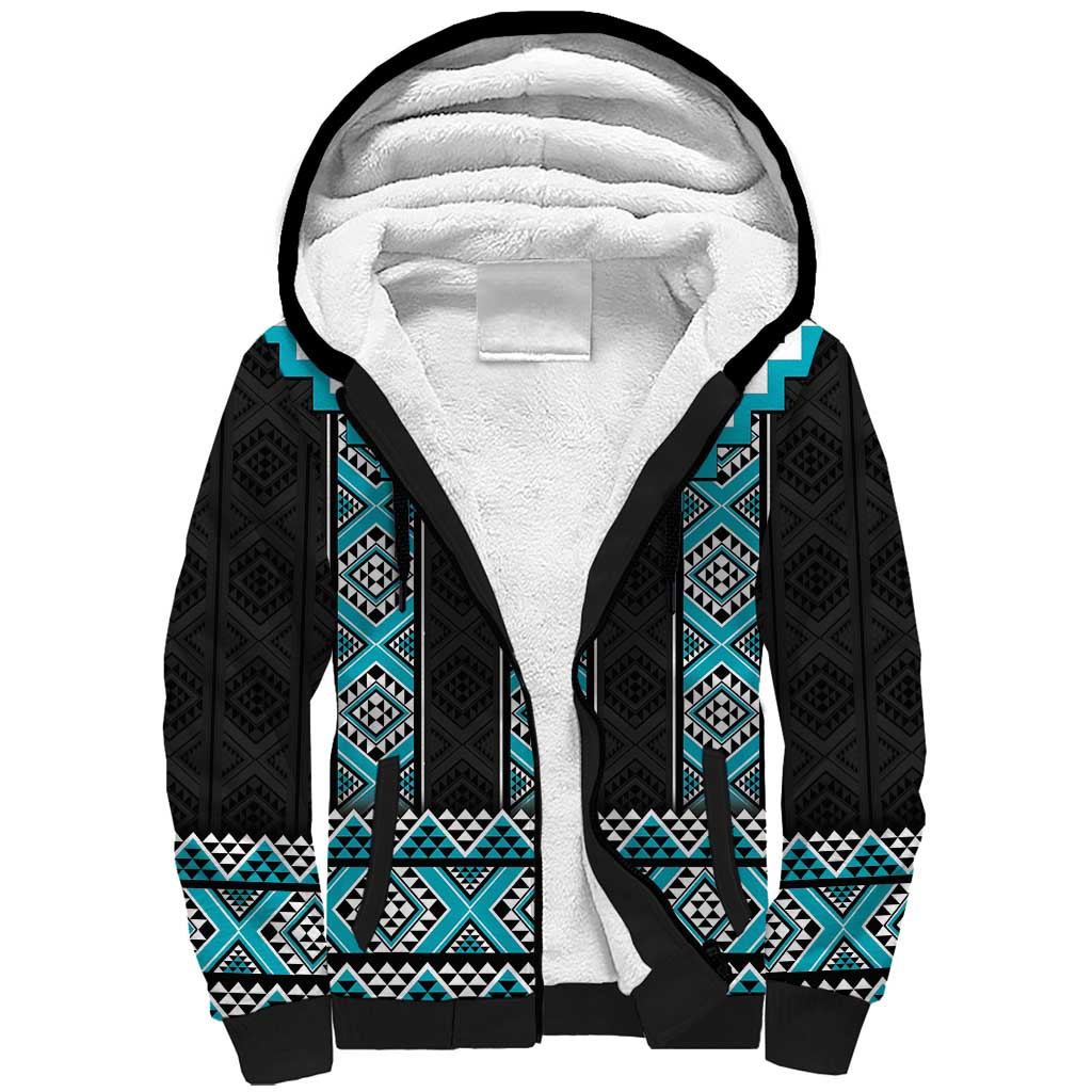 Turquoise Taniko Pattern Aotearoa Sherpa Hoodie Niho Taniwha Mix Poutama LT14 Unisex Turquoise - Polynesian Pride