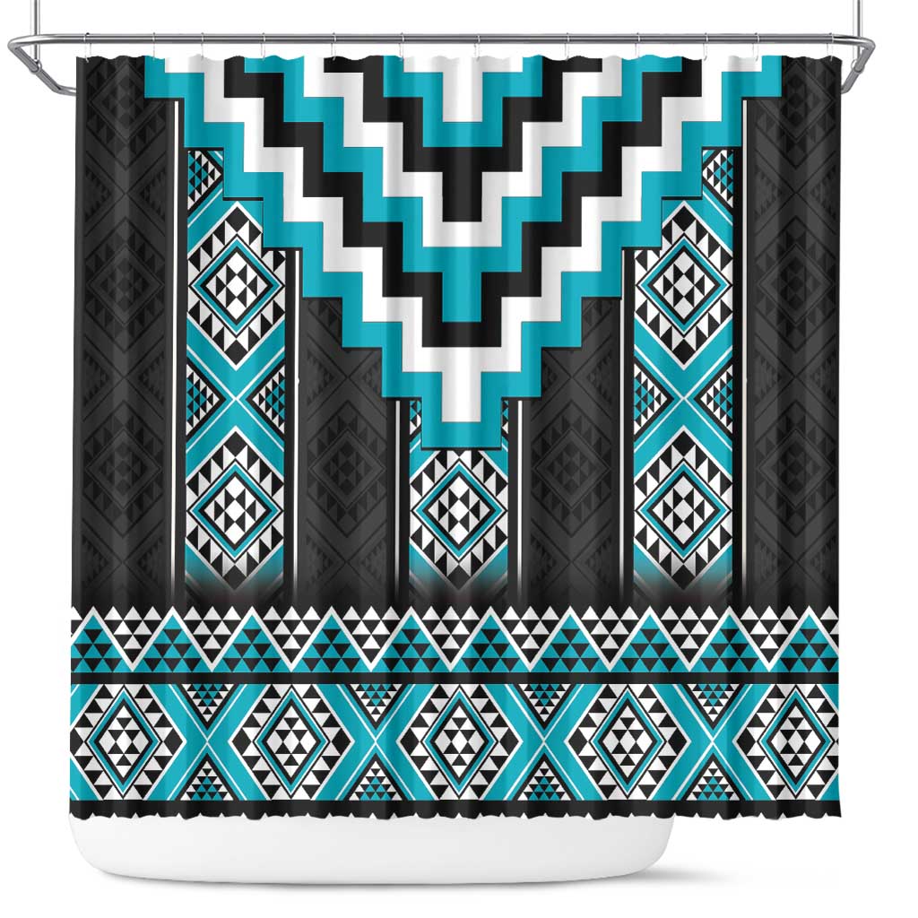 Turquoise Taniko Pattern Aotearoa Shower Curtain Niho Taniwha Mix Poutama