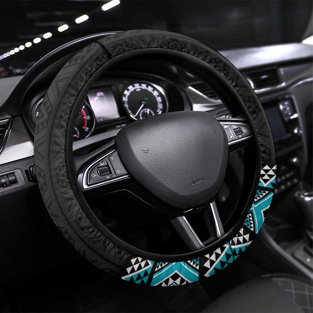 Turquoise Taniko Pattern Aotearoa Steering Wheel Cover Niho Taniwha Mix Poutama LT14 Universal Fit Turquoise - Polynesian Pride