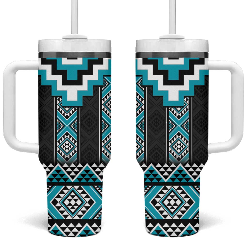 Turquoise Taniko Pattern Aotearoa Tumbler With Handle Niho Taniwha Mix Poutama LT14 One Size: 40 oz Turquoise - Polynesian Pride