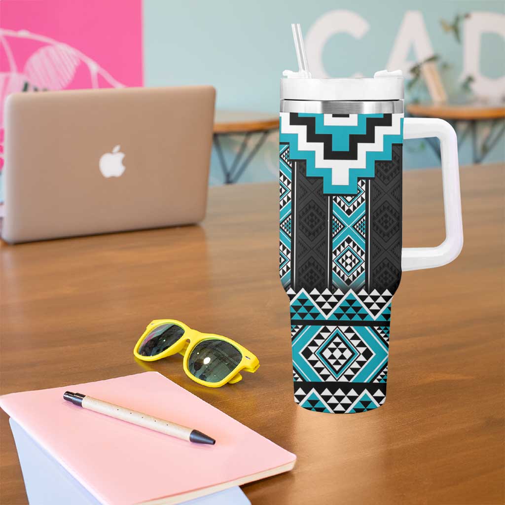 Turquoise Taniko Pattern Aotearoa Tumbler With Handle Niho Taniwha Mix Poutama LT14 - Polynesian Pride