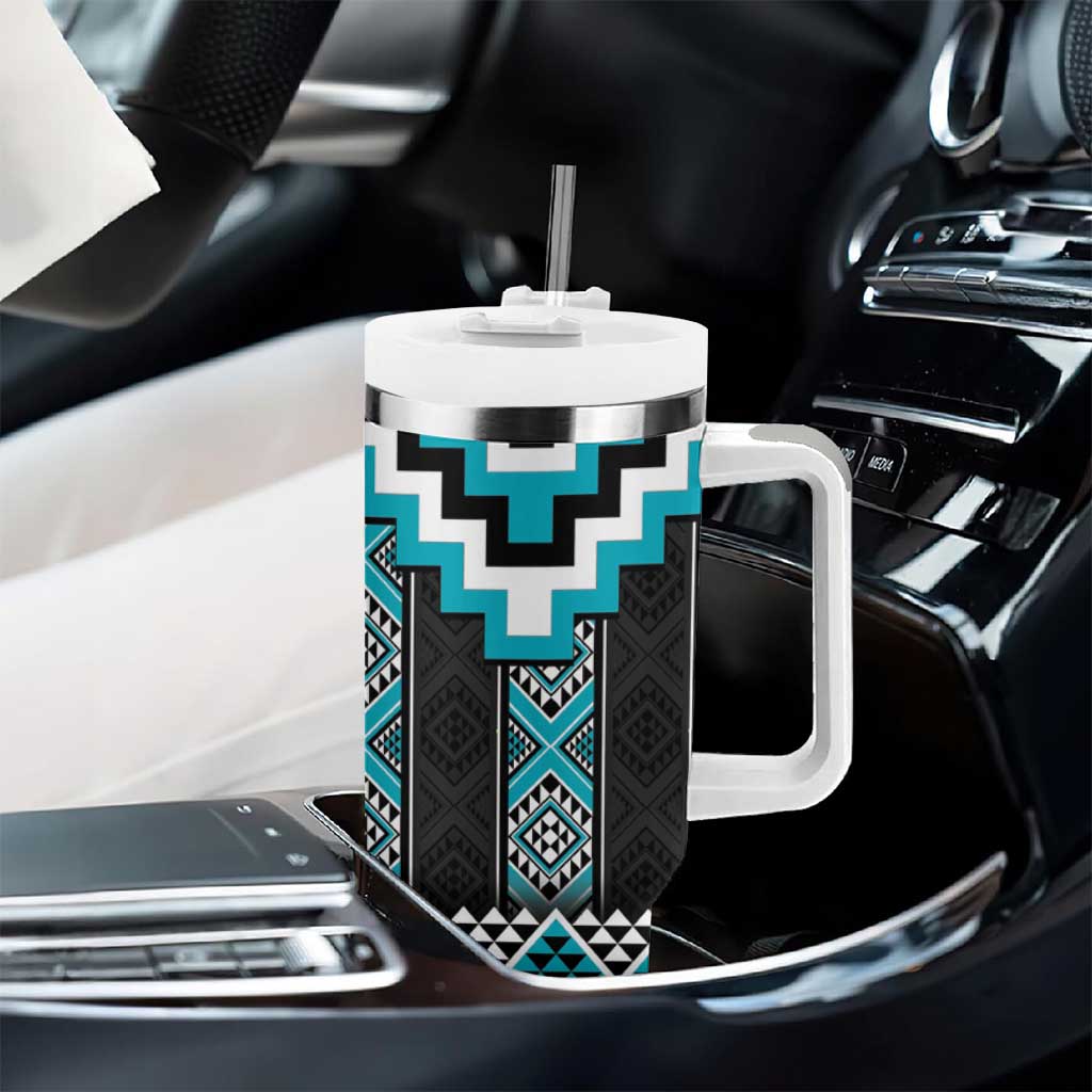 Turquoise Taniko Pattern Aotearoa Tumbler With Handle Niho Taniwha Mix Poutama LT14 - Polynesian Pride