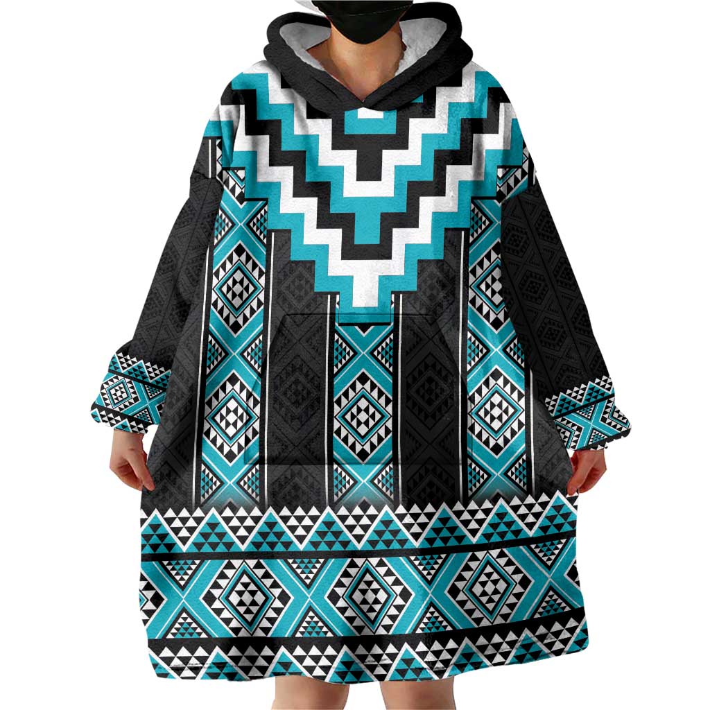 Turquoise Taniko Pattern Aotearoa Wearable Blanket Hoodie Niho Taniwha Mix Poutama LT14 - Polynesian Pride