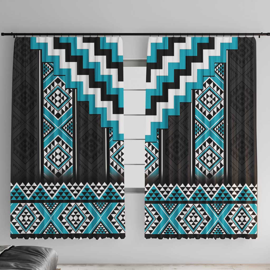 Turquoise Taniko Pattern Aotearoa Window Curtain Niho Taniwha Mix Poutama LT14 With Hooks Turquoise - Polynesian Pride