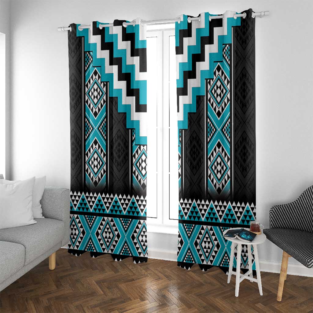 Turquoise Taniko Pattern Aotearoa Window Curtain Niho Taniwha Mix Poutama LT14 With Grommets Turquoise - Polynesian Pride