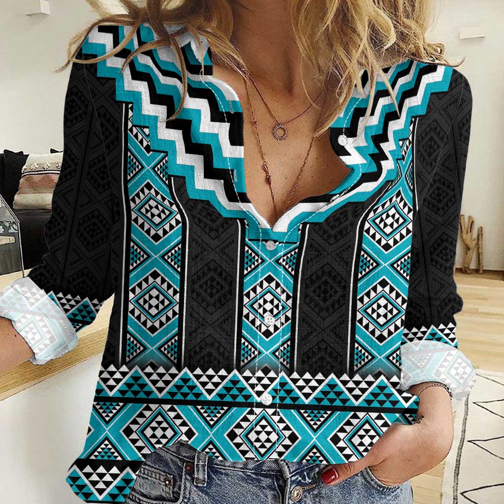 Turquoise Taniko Pattern Aotearoa Women Casual Shirt Niho Taniwha Mix Poutama LT14