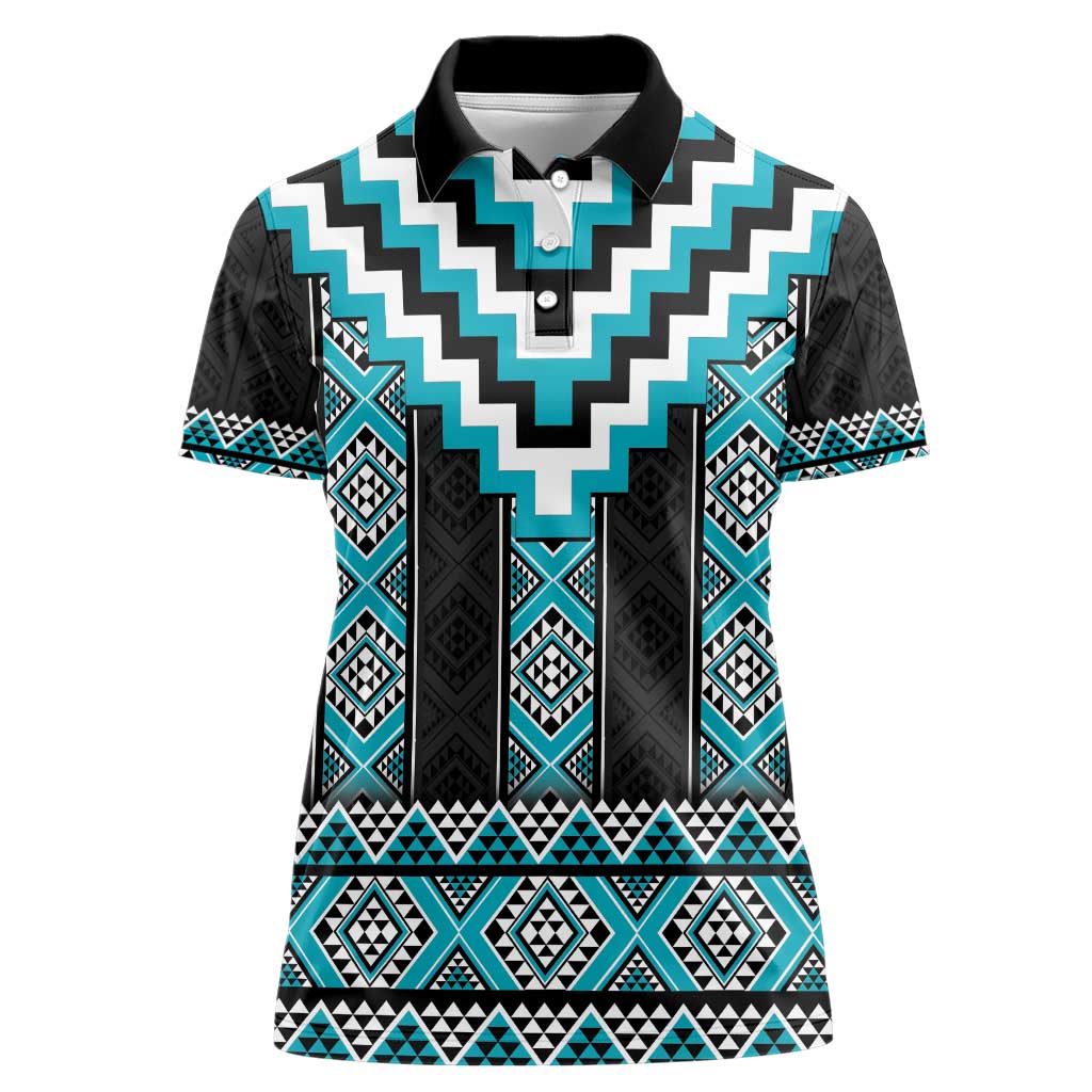 Turquoise Taniko Pattern Aotearoa Women Polo Shirt Niho Taniwha Mix Poutama LT14