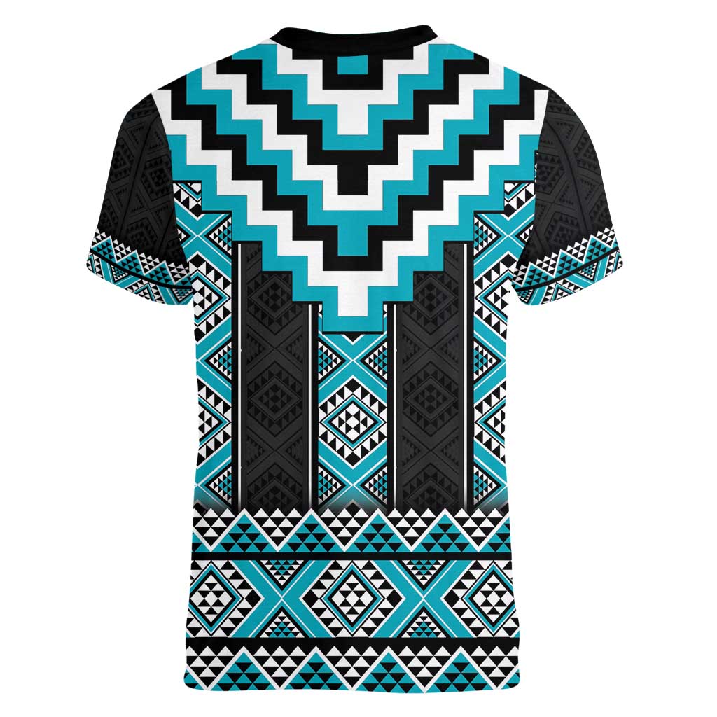Turquoise Taniko Pattern Aotearoa Women V-Neck T-Shirt Niho Taniwha Mix Poutama LT14 - Polynesian Pride