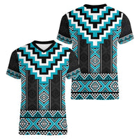 Turquoise Taniko Pattern Aotearoa Women V-Neck T-Shirt Niho Taniwha Mix Poutama LT14 - Polynesian Pride