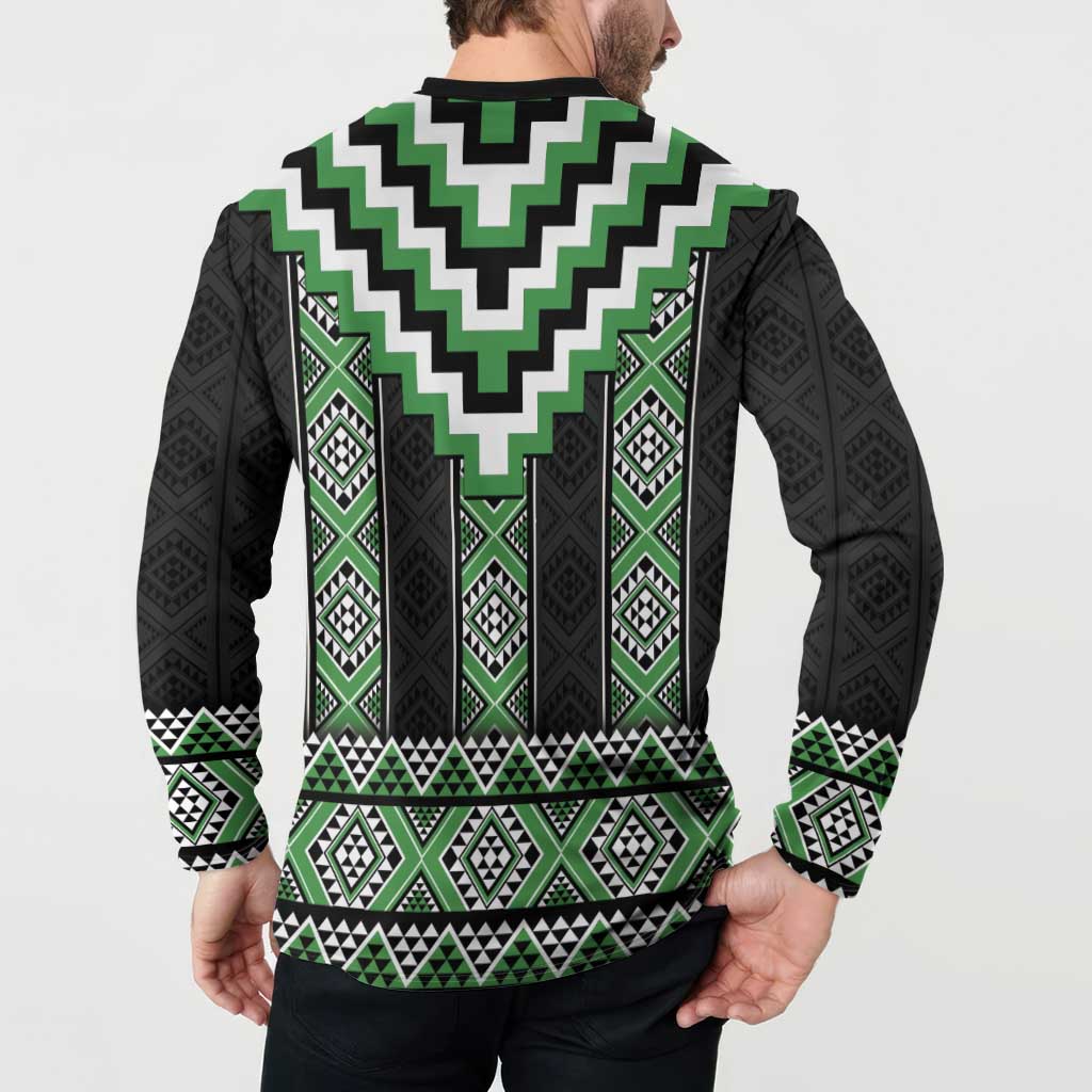 Green Taniko Pattern Aotearoa Button Sweatshirt Niho Taniwha Mix Poutama LT14 - Polynesian Pride