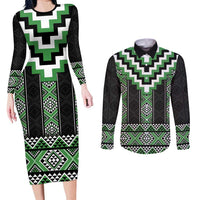 Green Taniko Pattern Aotearoa Couples Matching Long Sleeve Bodycon Dress and Long Sleeve Button Shirt Niho Taniwha Mix Poutama LT14 Green - Polynesian Pride