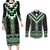 Green Taniko Pattern Aotearoa Couples Matching Long Sleeve Bodycon Dress and Long Sleeve Button Shirt Niho Taniwha Mix Poutama LT14