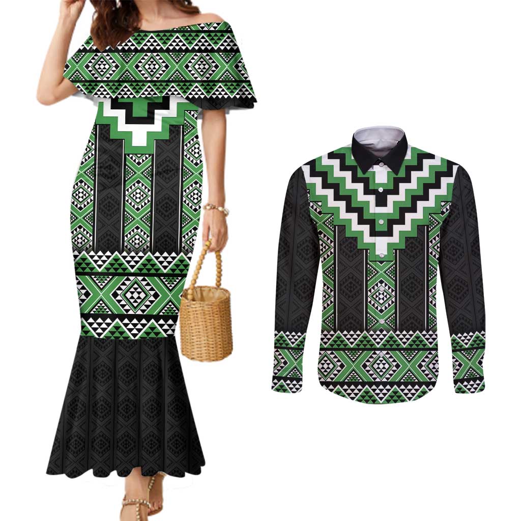 Green Taniko Pattern Aotearoa Couples Matching Mermaid Dress and Long Sleeve Button Shirt Niho Taniwha Mix Poutama LT14 Green - Polynesian Pride