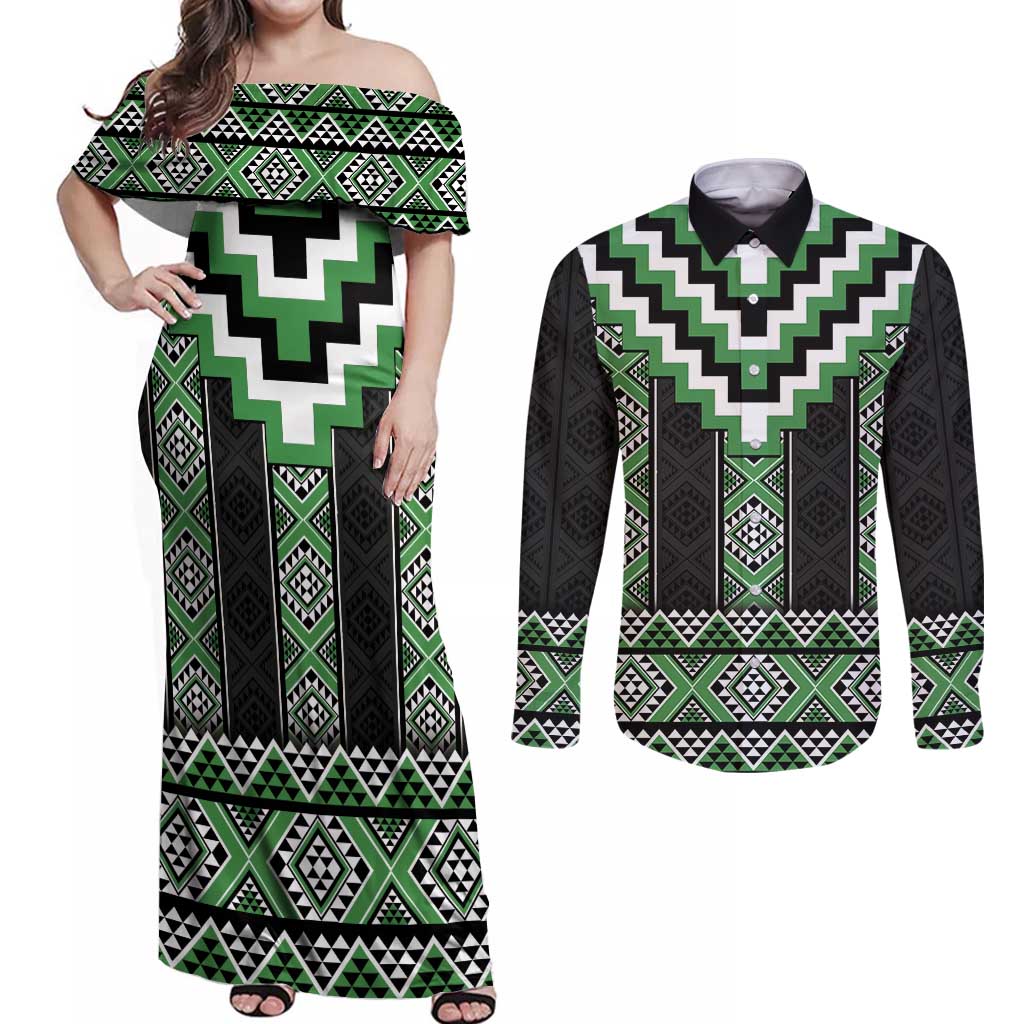 Green Taniko Pattern Aotearoa Couples Matching Off Shoulder Maxi Dress and Long Sleeve Button Shirt Niho Taniwha Mix Poutama LT14 Green - Polynesian Pride
