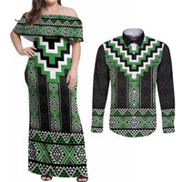 Green Taniko Pattern Aotearoa Couples Matching Off Shoulder Maxi Dress and Long Sleeve Button Shirt Niho Taniwha Mix Poutama LT14 Green - Polynesian Pride