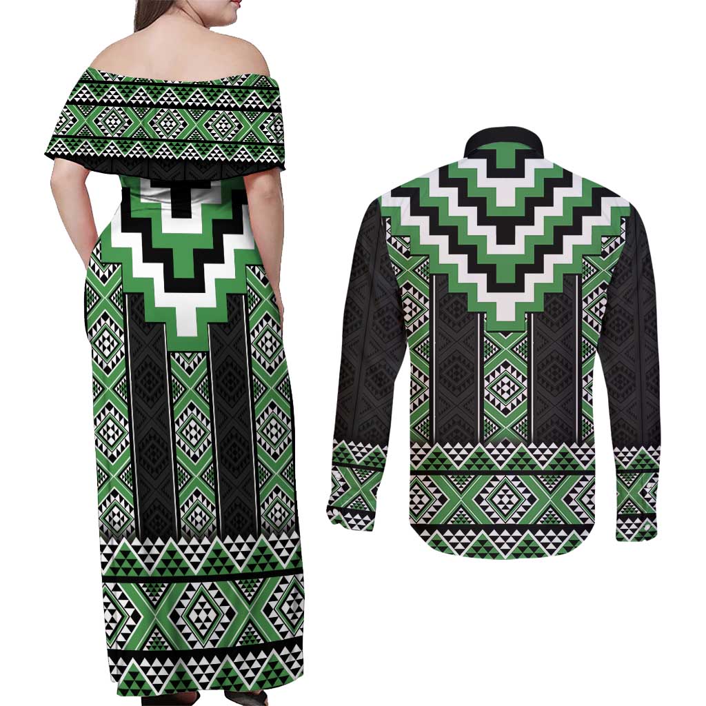 Green Taniko Pattern Aotearoa Couples Matching Off Shoulder Maxi Dress and Long Sleeve Button Shirt Niho Taniwha Mix Poutama LT14 - Polynesian Pride