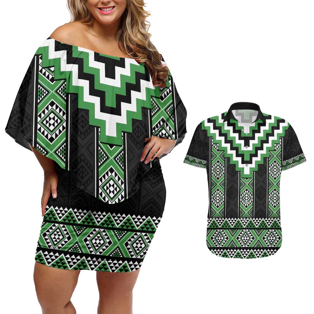 Green Taniko Pattern Aotearoa Couples Matching Off Shoulder Short Dress and Hawaiian Shirt Niho Taniwha Mix Poutama LT14 Green - Polynesian Pride