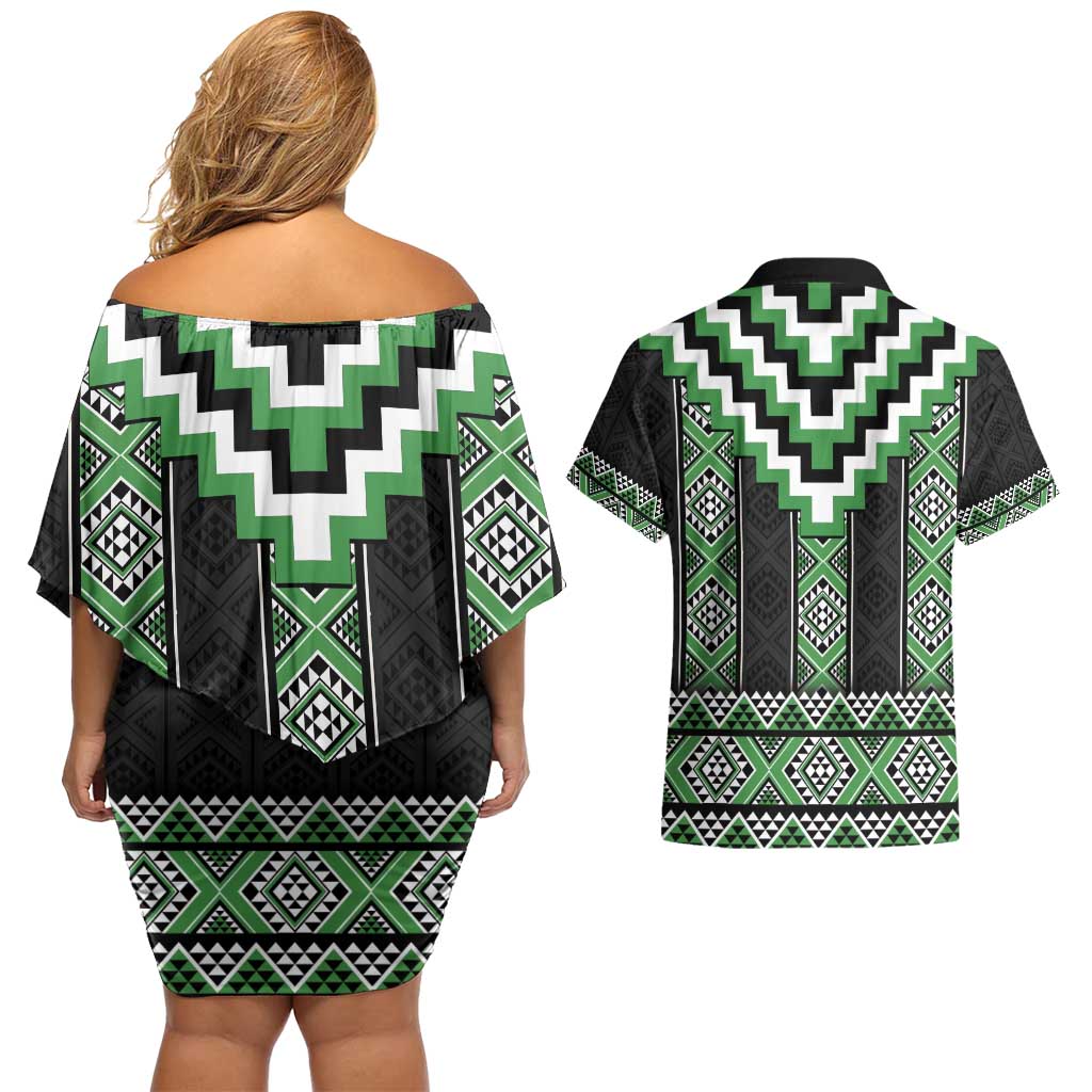 Green Taniko Pattern Aotearoa Couples Matching Off Shoulder Short Dress and Hawaiian Shirt Niho Taniwha Mix Poutama LT14 - Polynesian Pride